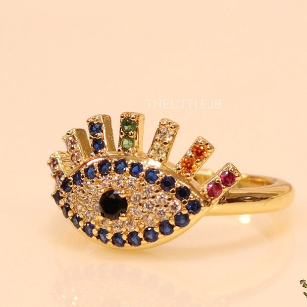 Gold plated open multi coloured cz evil eye ring