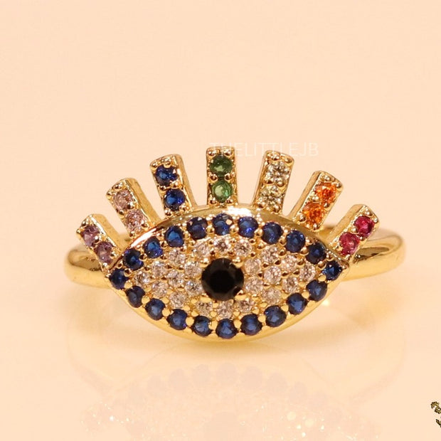 Gold plated open multi coloured cz evil eye ring