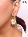 Double C on white enamel hanging gold earrings with CZ