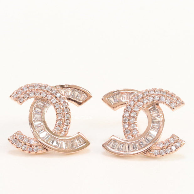 Rose gold plated twin C motif cz baguette studs