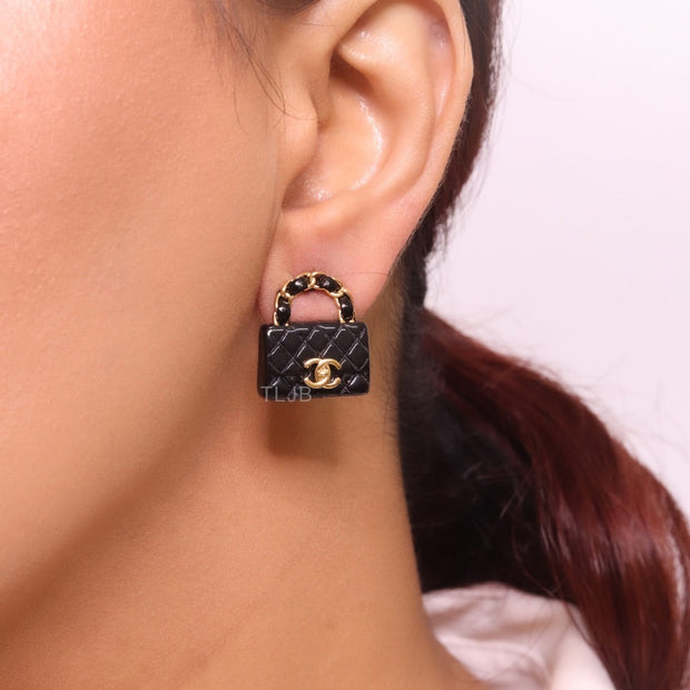 Black & gold double C purse earrings