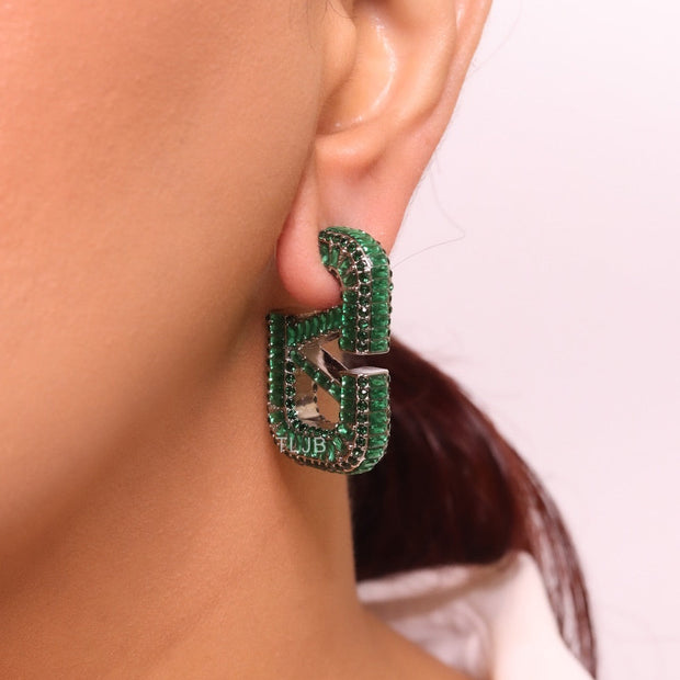 Alphabet V green Stone studded hoops