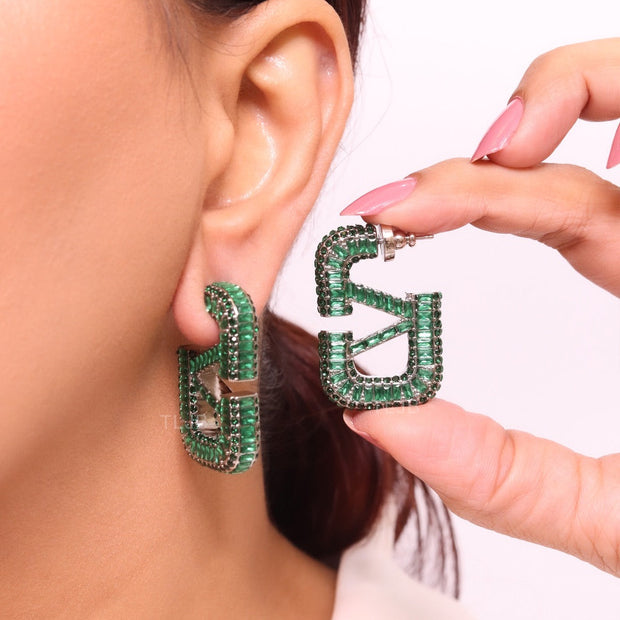 Alphabet V green Stone studded hoops
