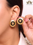 Gold round medusa motif black enamel earrings