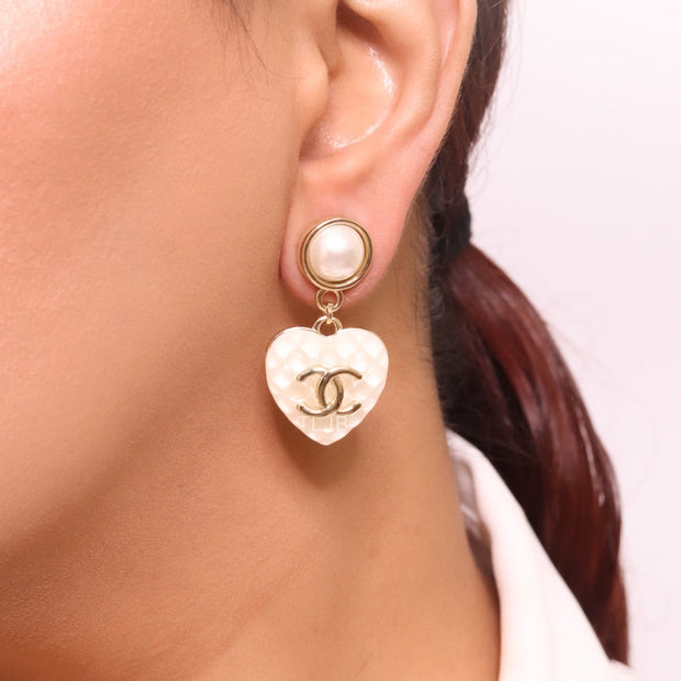 Double C on dangling heart and pearl earrings