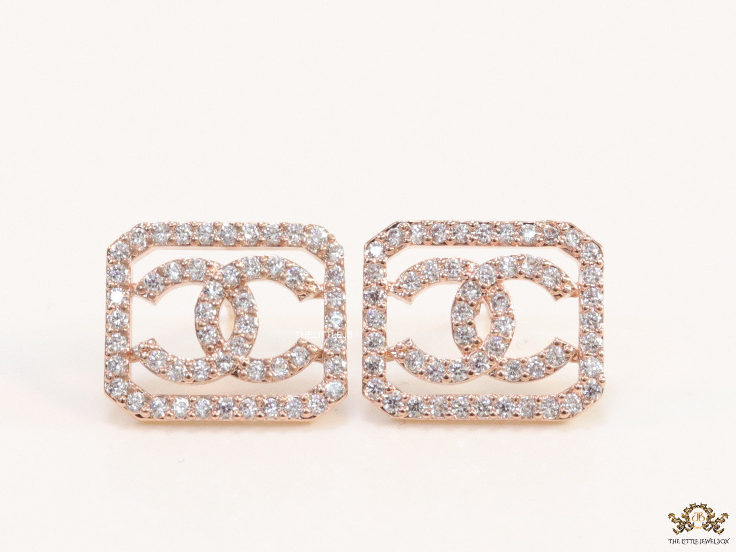 Rose gold plated square cz stud with twin C motif