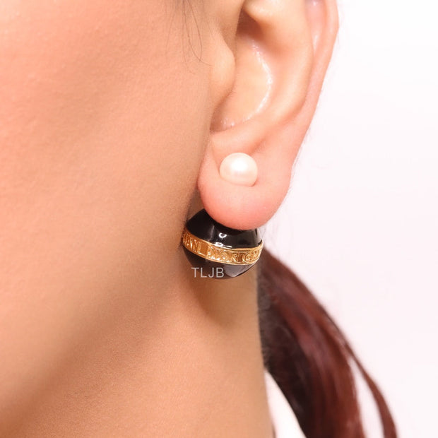 Black and white pearls gold motif studs