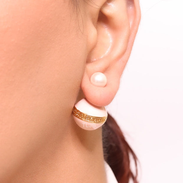 Pink and white pearls gold motif studs