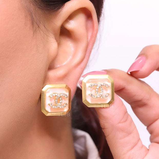 Square pink enamel Double C gold earrings