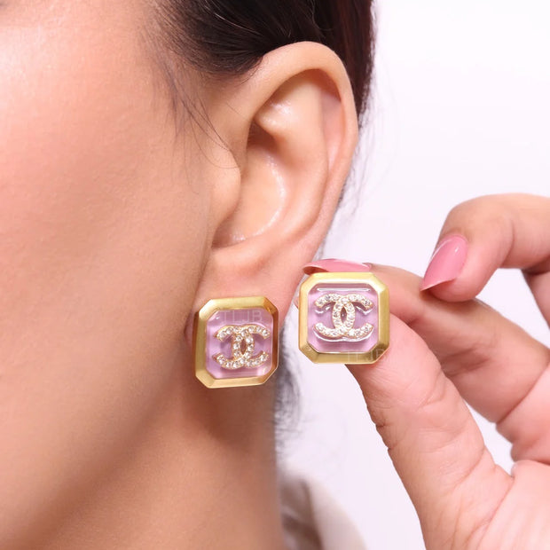 Square purple enamel Double C gold earrings