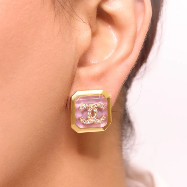 Square purple enamel Double C gold earrings