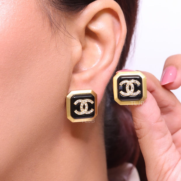 Square black enamel Double C gold earrings