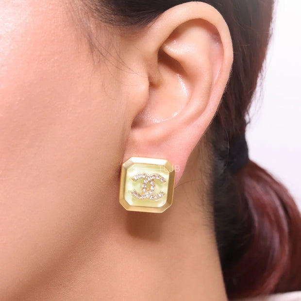 Square green enamel Double C gold earrings