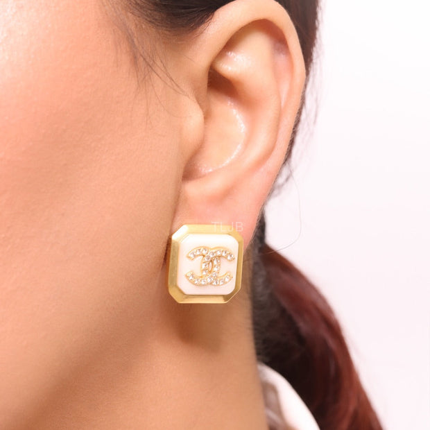 Square white enamel Double C gold earrings