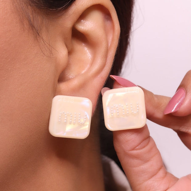Peach enamel and pearl earrings