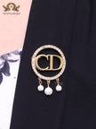 Gold Alphabet C and D brooch with cz and pearl dangles