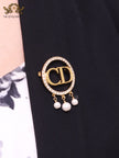 Gold Alphabet C and D brooch with cz and pearl dangles