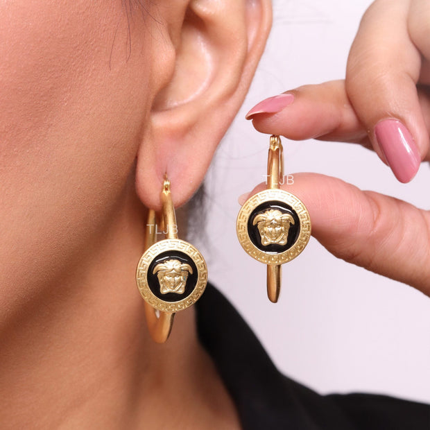 Gold Medusa on Black enamel hoops