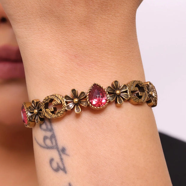 Rustic copper Double G and flowers hard bracelet with ruby
