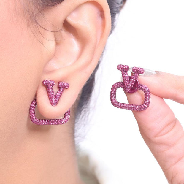 Alphabet V Pink rhinestone studs