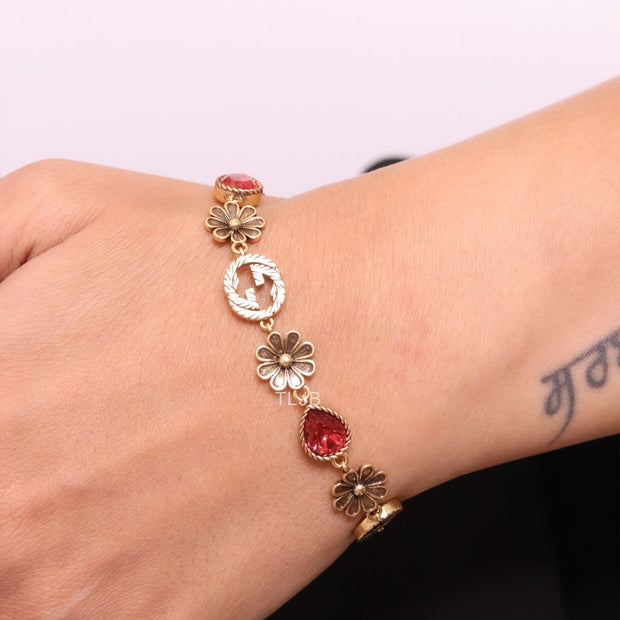 Rustic gold Double G and flowers bracelet with ruby