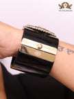 Double C clover motif MOP gold white enamel black bracelet