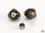 Designer pearl earrings with matte gold flying bee motifs