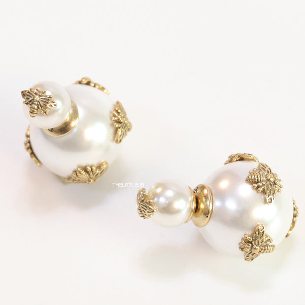 Designer pearl earrings with matte gold bee motifs