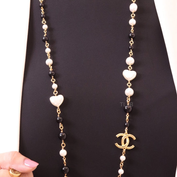 Gold Double C chain with Black beads, hearts and pearls