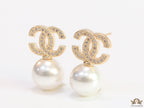 Twin C motif stud in gold and cz with pearl drop