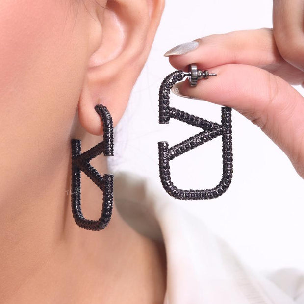 Alphabet V black rhinestone hoops