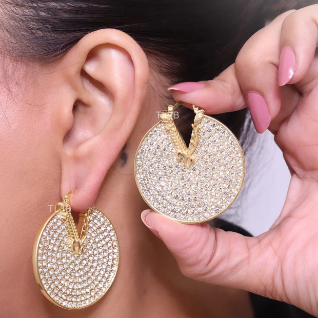 Alphabet V on Gold CZ disc earrings
