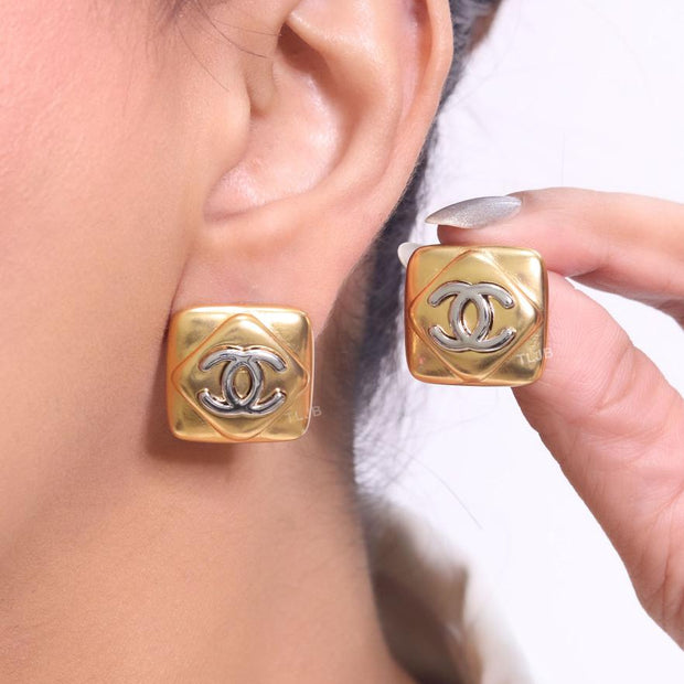 Double C matte gold and silver square studs with alphabet
