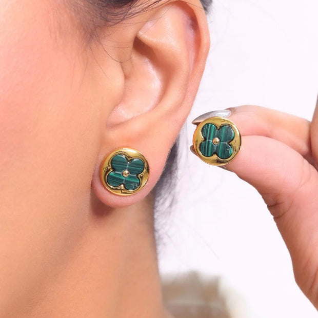 Green malachite & gold studs 15mm