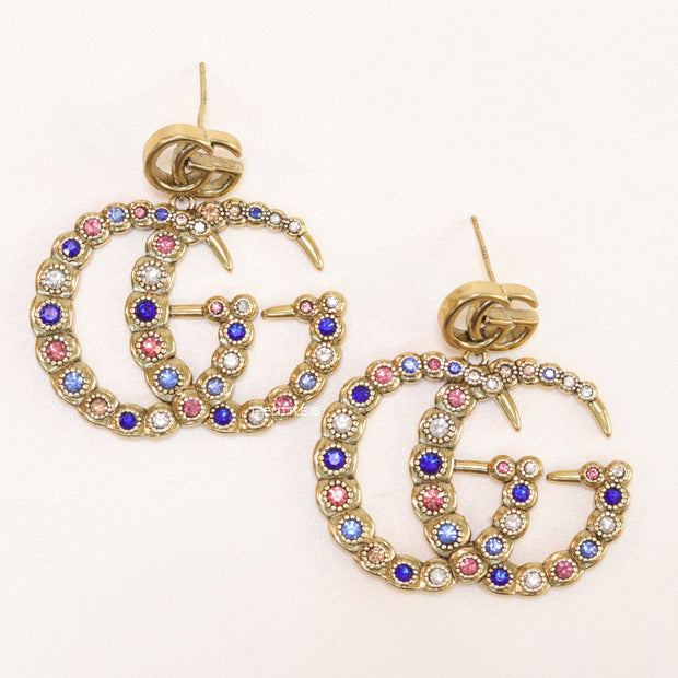 Multicolour twin G motif hanging earrings with twin G tops in gold plating