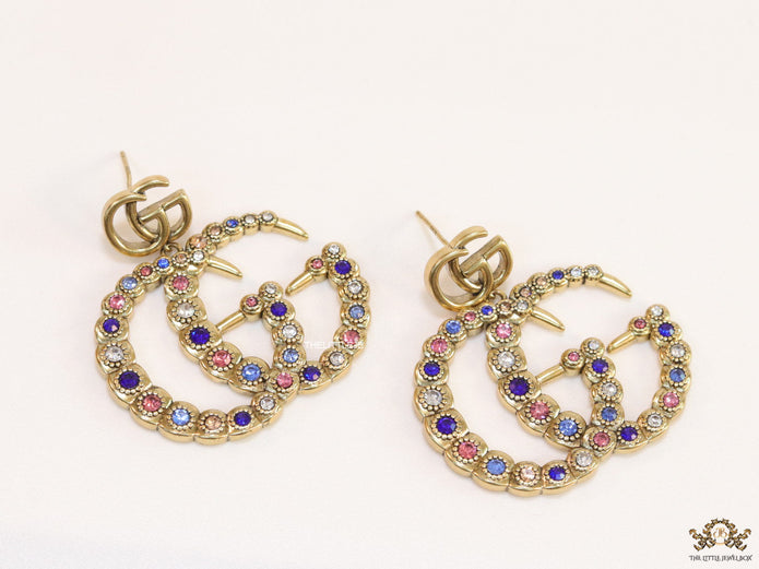 Multicolour twin G motif hanging earrings with twin G tops in gold plating