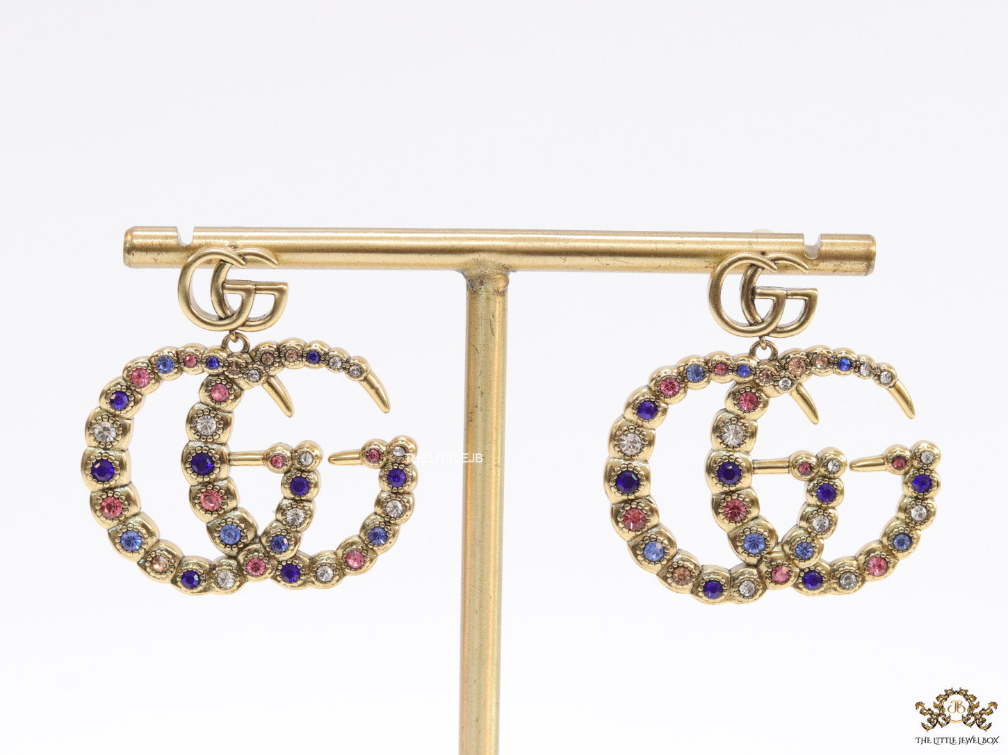 Multicolour twin G motif hanging earrings with twin G tops in gold plating