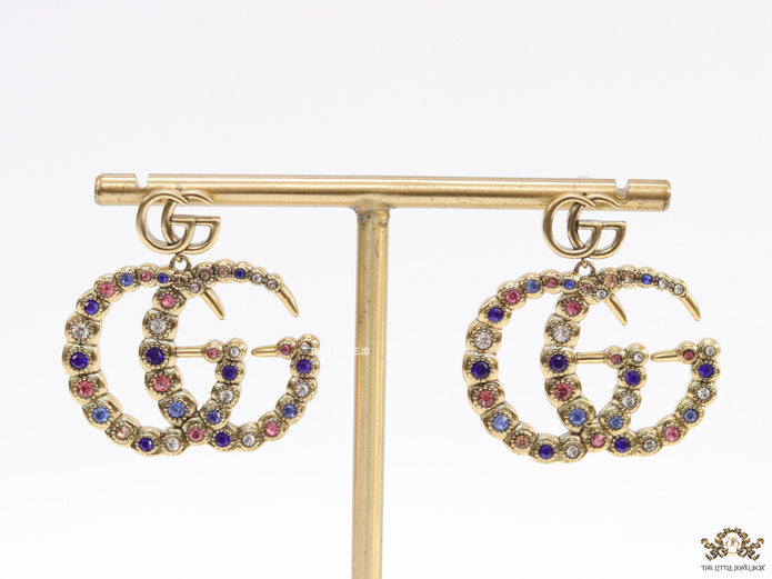 Multicolour twin G motif hanging earrings with twin G tops in gold plating