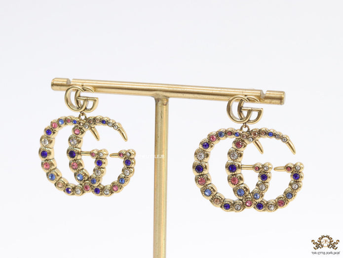 Multicolour twin G motif hanging earrings with twin G tops in gold plating