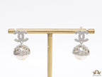 Platinum plated twin C earrings in cz with cz capped pearl drop