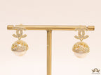 Gold plated twin C earrings in cz with cz capped pearl drop