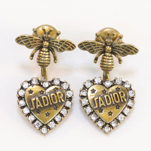 Antique golden bee earrings with alphabet inscribed heart shaped drop