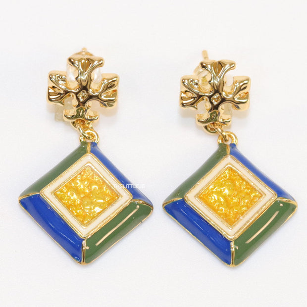 Enamel coated square drop earrings in gold plating