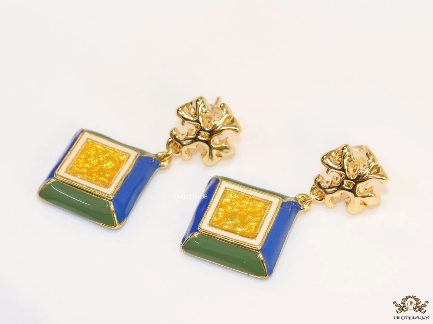 Enamel coated square drop earrings in gold plating