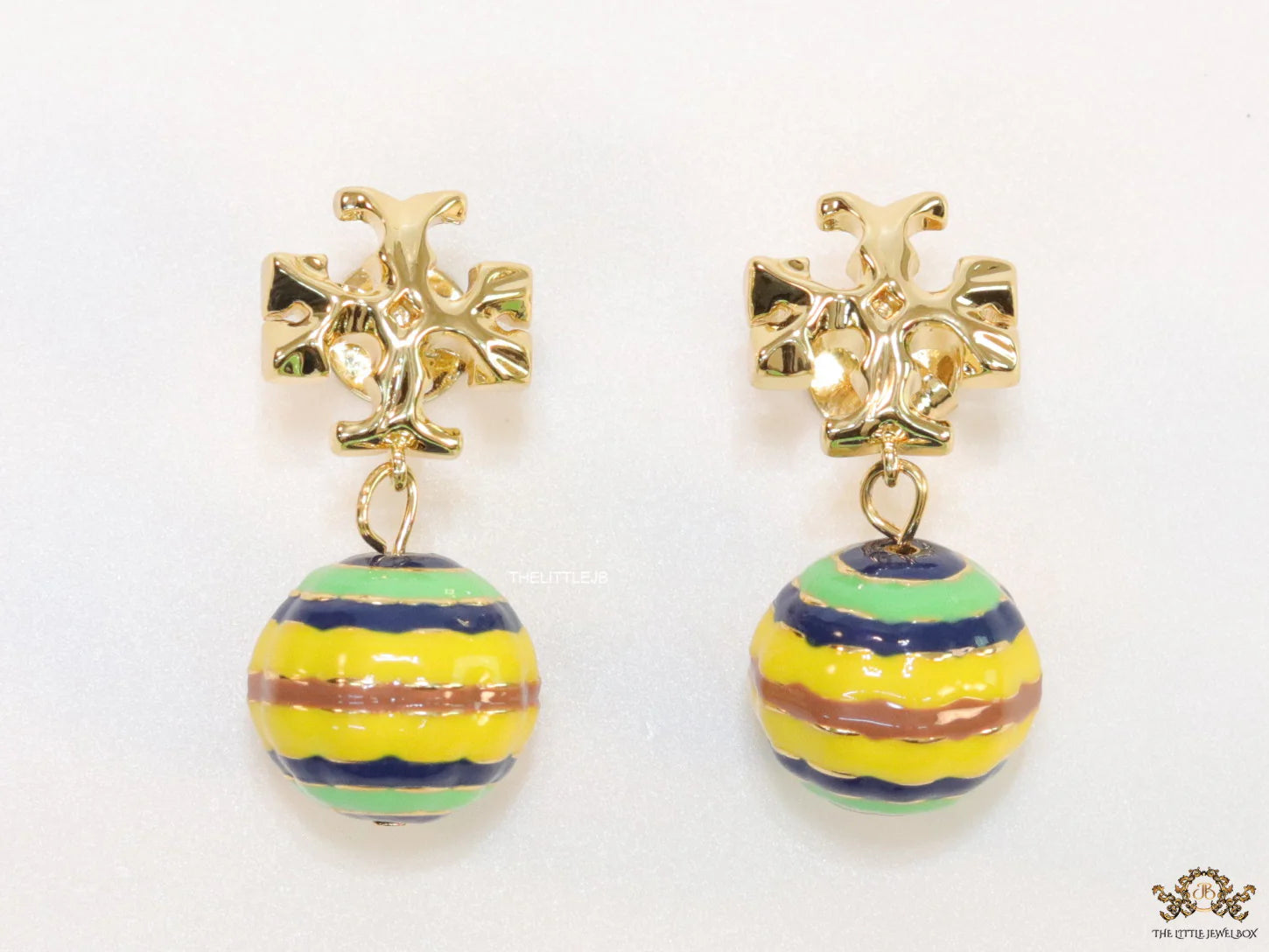 Enamel coated round drop earrings in gold plating