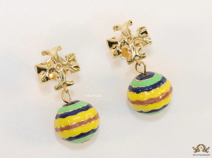 Enamel coated round drop earrings in gold plating