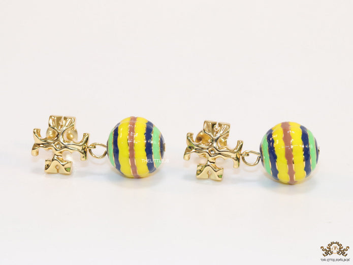 Enamel coated round drop earrings in gold plating