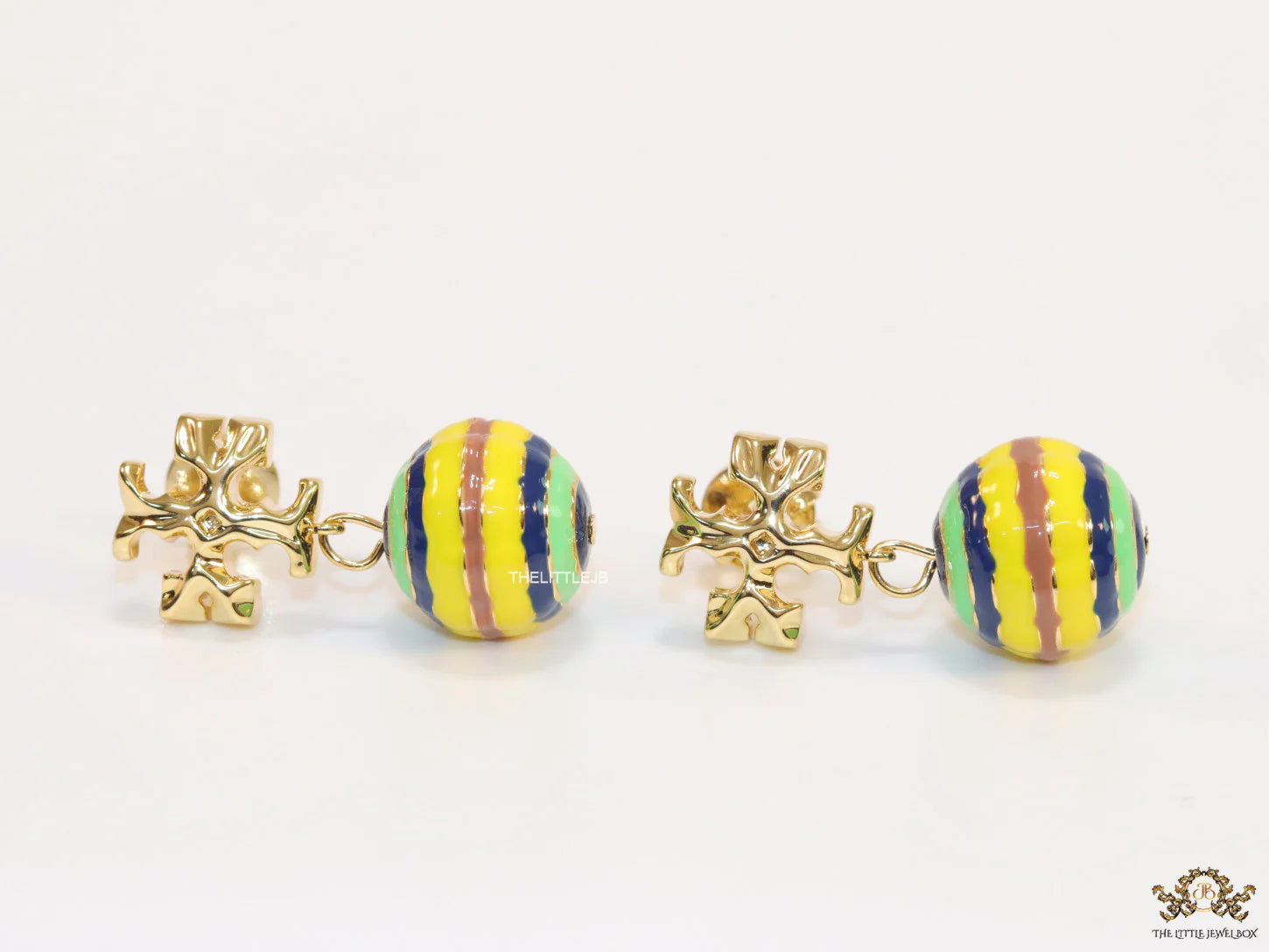 Enamel coated round drop earrings in gold plating