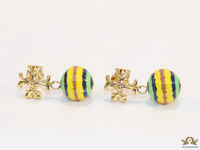 Enamel coated round drop earrings in gold plating