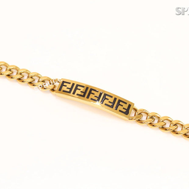 Alphabet F on plate gold link chain bracelet